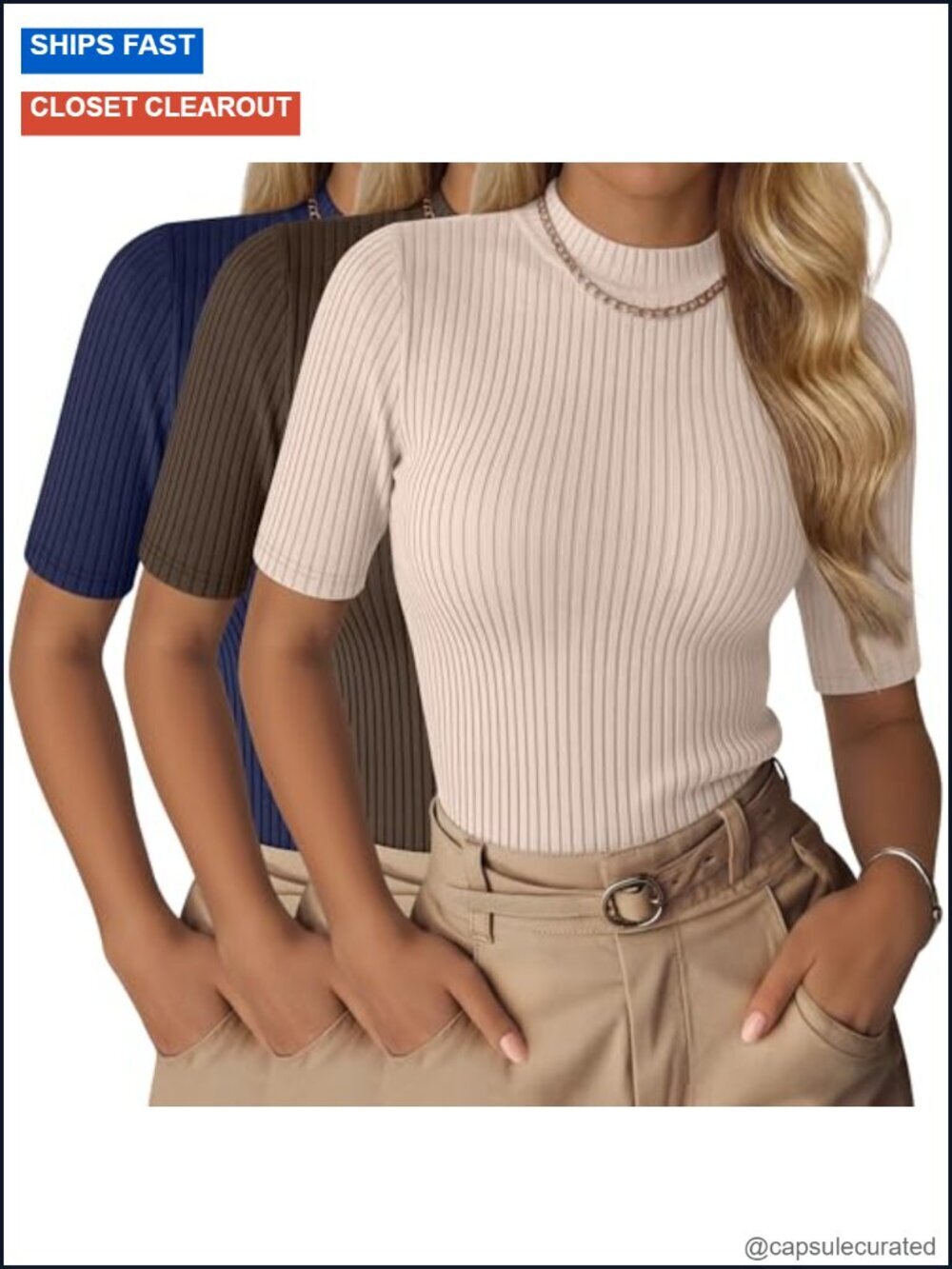 3 Pack Mock Neck Tops Ribbed Half Sleeve Dressy Work Shirts